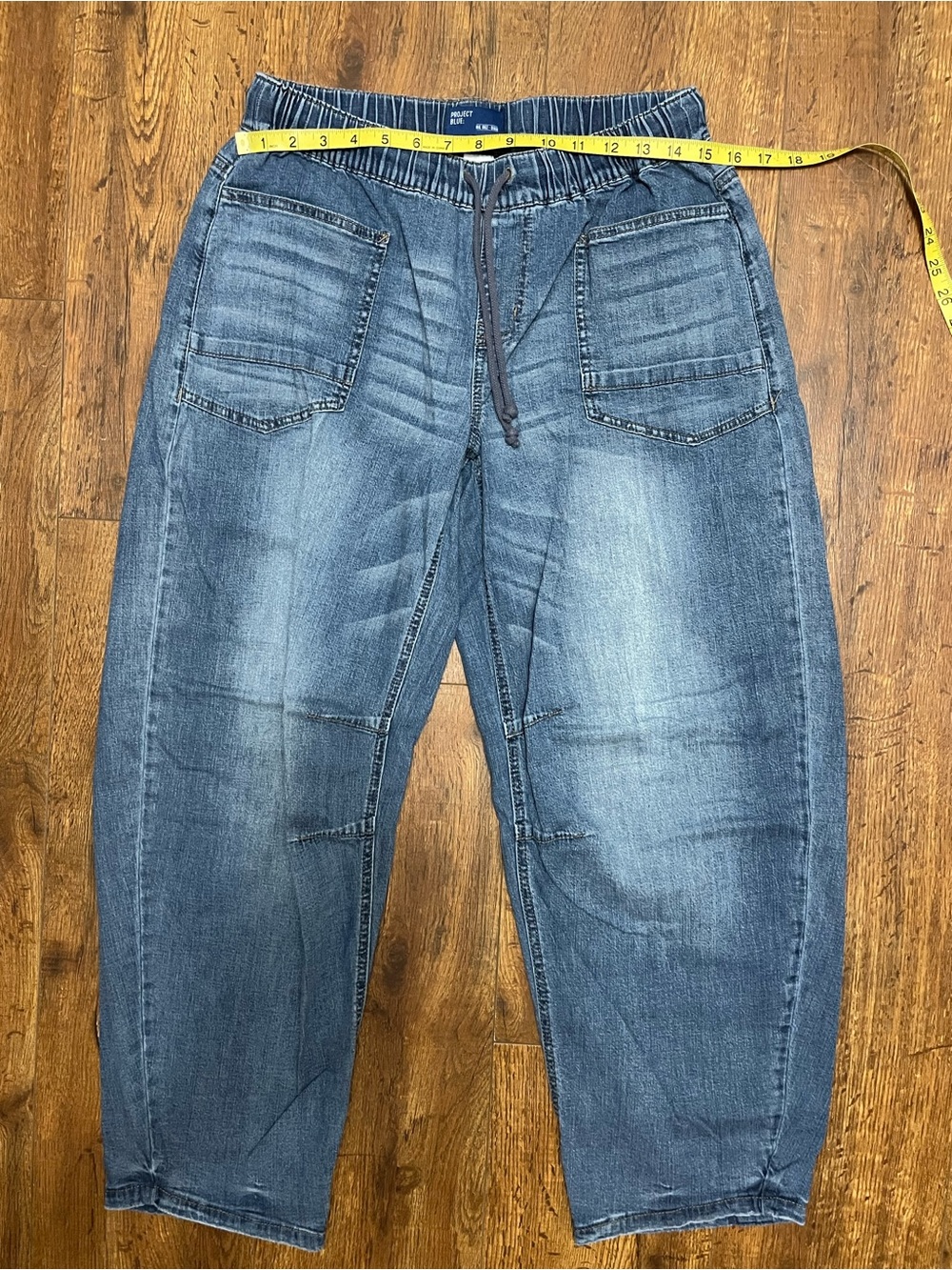 Project Indigo Barrel Leg drawstring waistband jeans